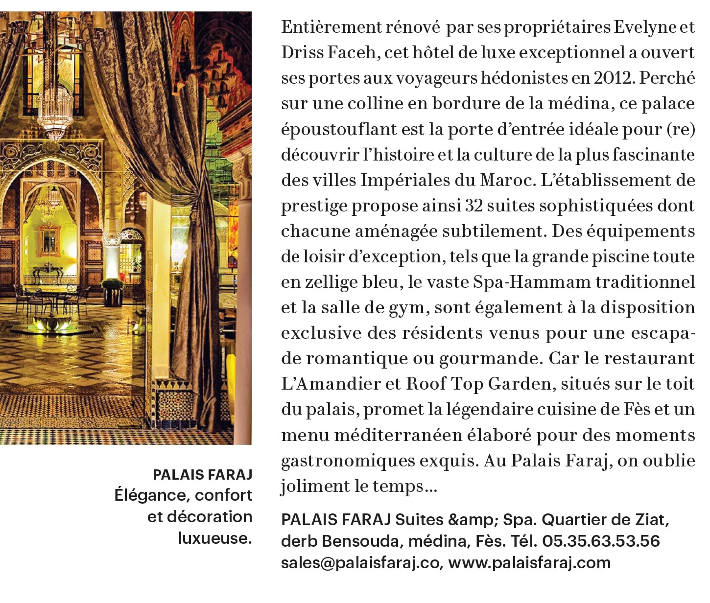 Femmes du Maroc - Press review for Palais Faraj